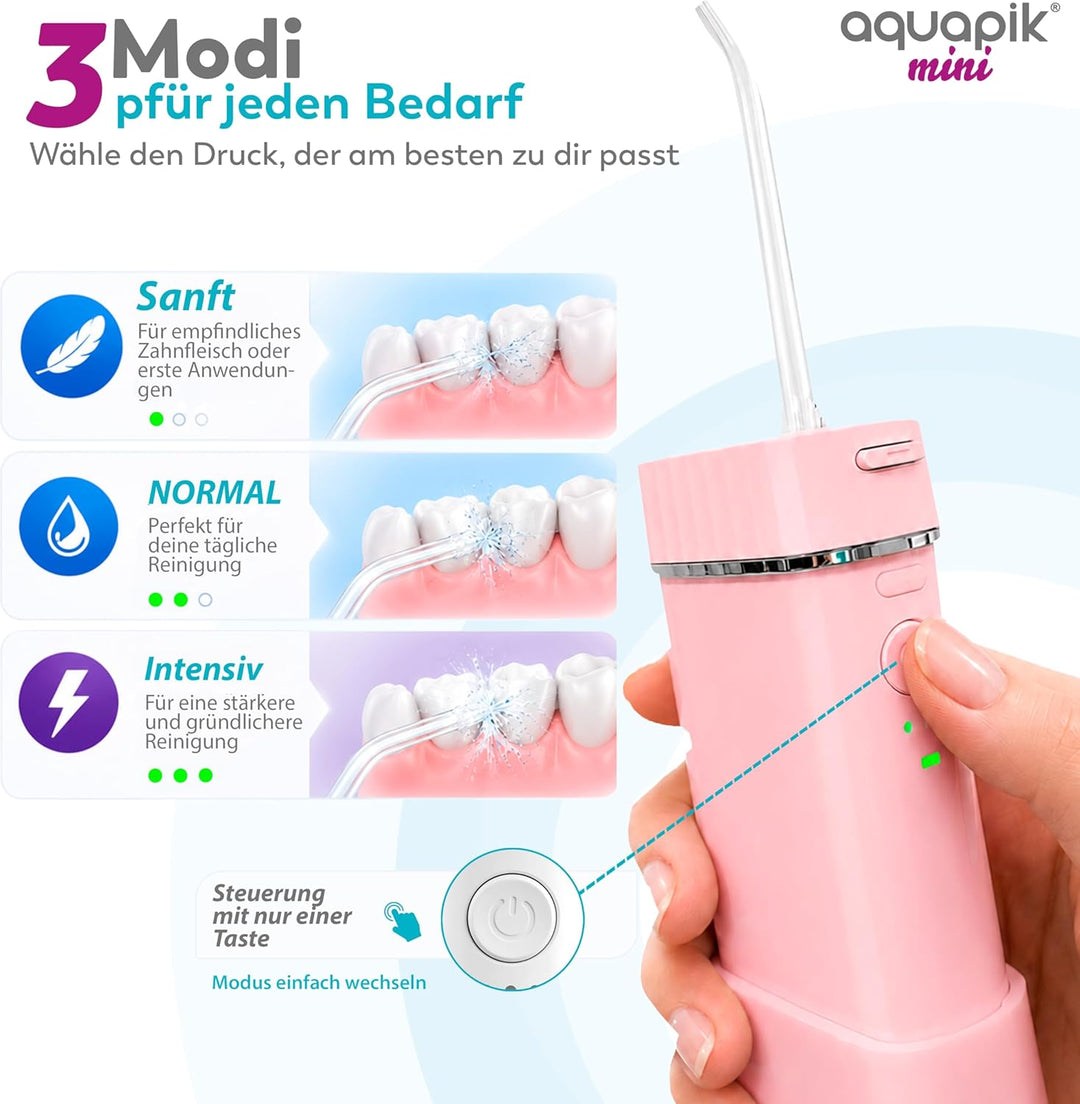 Aquapik® Mini tragbare, wiederaufladbare Munddusche Oral Irrigator 200 ml mit Teleskoptank, USB-C, 3