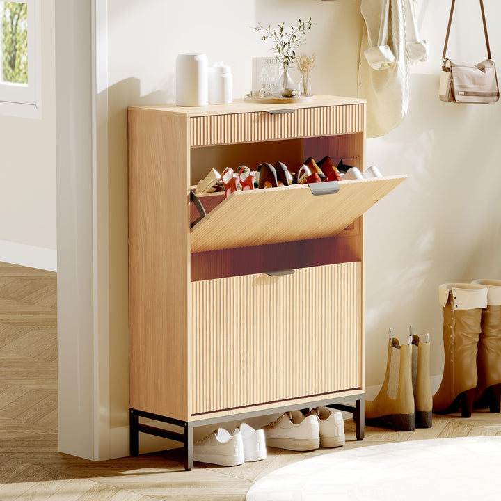 Platzsparender Schuhschrank schmal mit 2 Klappfächern &amp; Schublade – modernes Fluted-Design – freiste