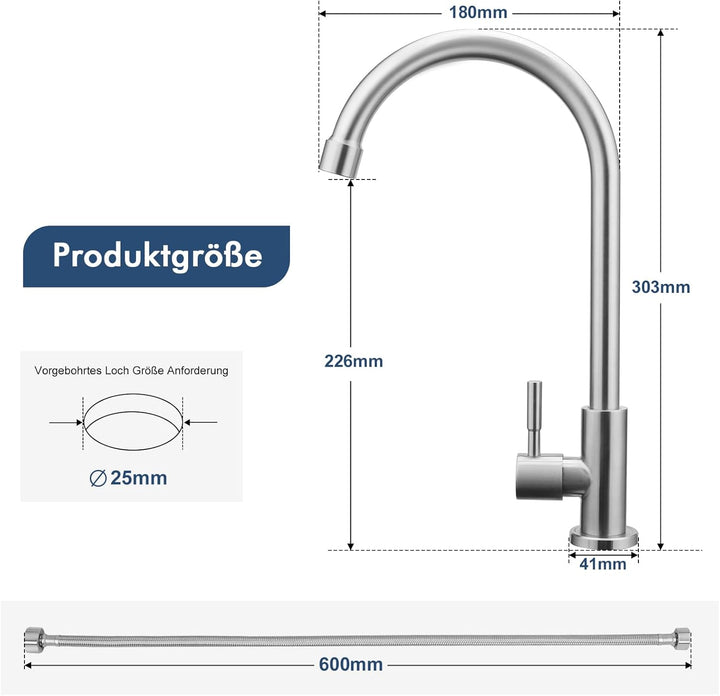BONADE Wasserhahn Küche, 360°Drehung Einhand Hochdruck Kaltwasserhahn Küche, Drahtziehen küchenarmat