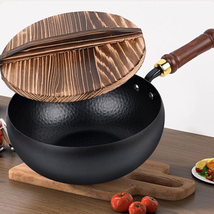 Wokpfanne - Gusseisen Bratwok - Ergonomische Unbeschichtete Eisenpfanne Mit Deckel Für Haushalt Outd