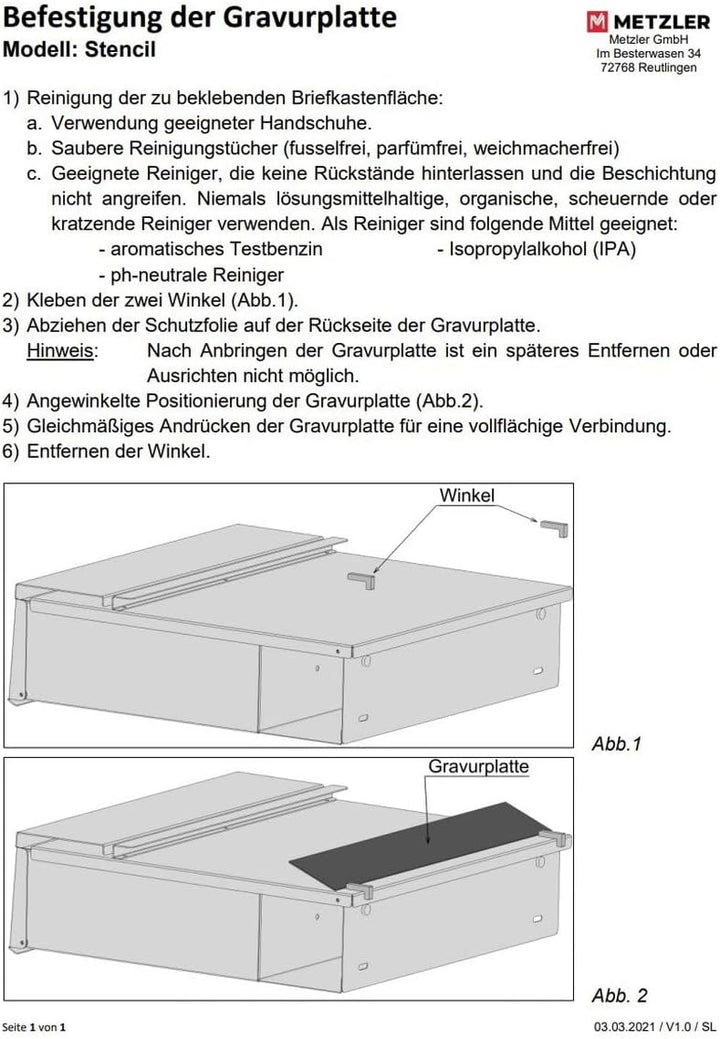 Metzler Edelstahl Briefkastenschild - V2A Edelstahl Gravur Blende für Strassennamen - Ersatzschild f