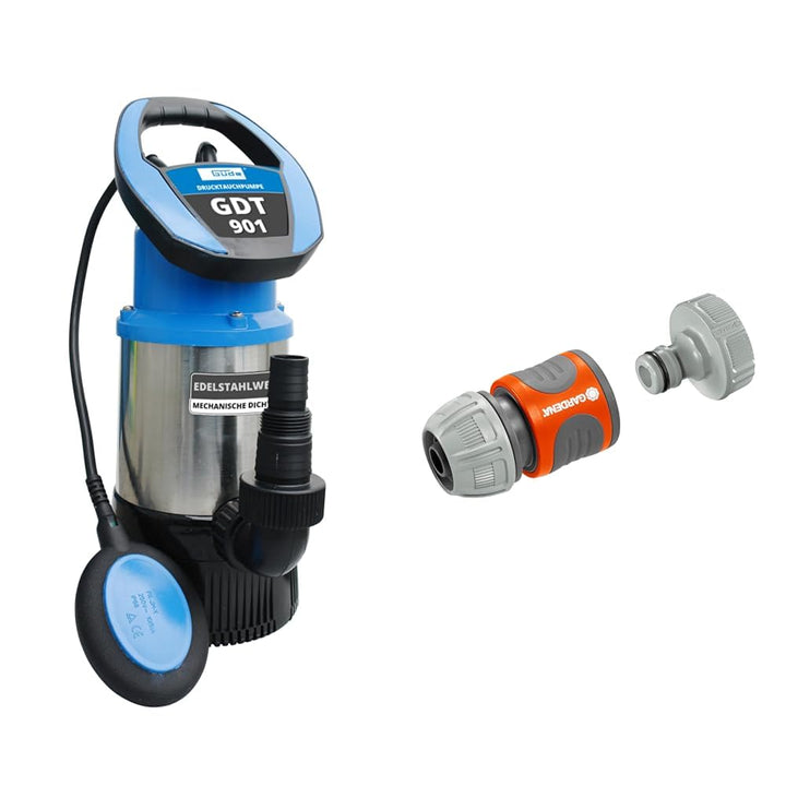 Güde 94246 Drucktauchpumpe GDT 901 &amp; Gardena Pumpen-Anschlusssatz: Schlauchkupplung zum schnellen An