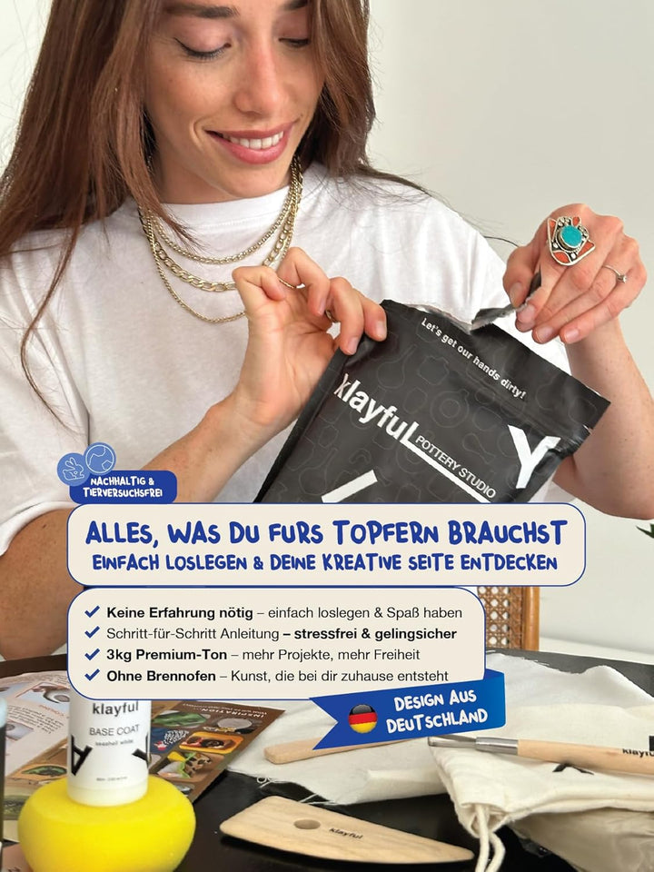 KLAYFUL Ton Töpferset für Anfänger für zu Hause - Lufttrocknend. Das Kit enthält: 3 kg weissen Ton,