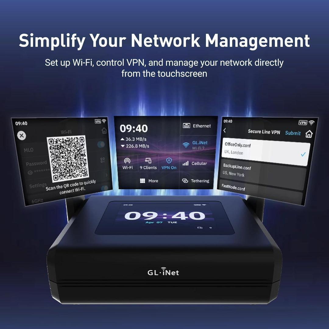 GL.iNet Slate 7 Pro (GL-BE10000) – Wi-Fi 7 Reise-Router: 6 GHz (5,7 Gbit/s), 2,8" Touch, WireGuard (