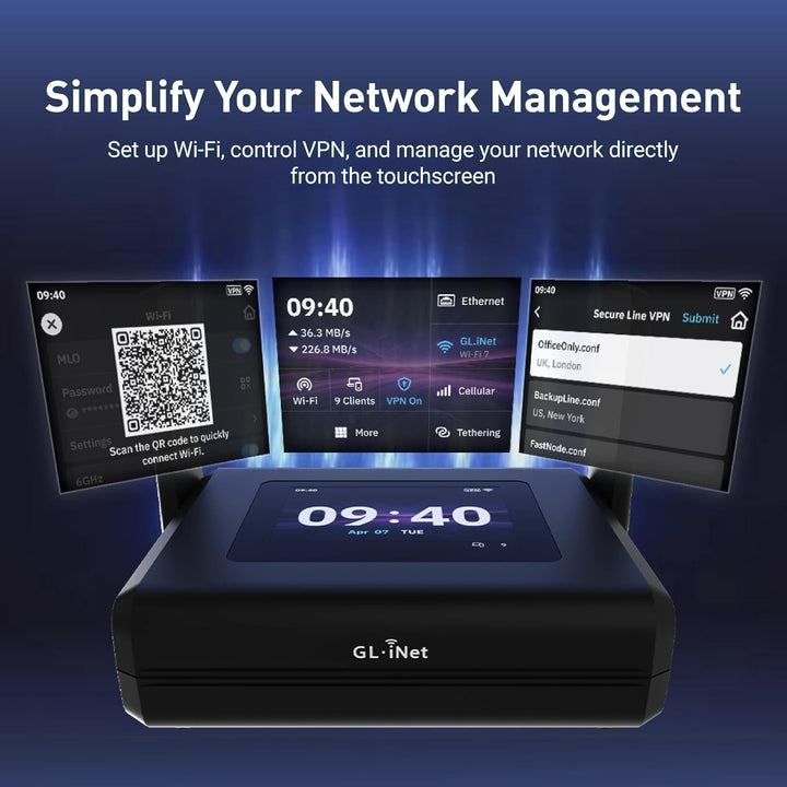 GL.iNet Slate 7 Pro (GL-BE10000) – Wi-Fi 7 Reise-Router: 6 GHz (5,7 Gbit/s), 2,8" Touch, WireGuard (
