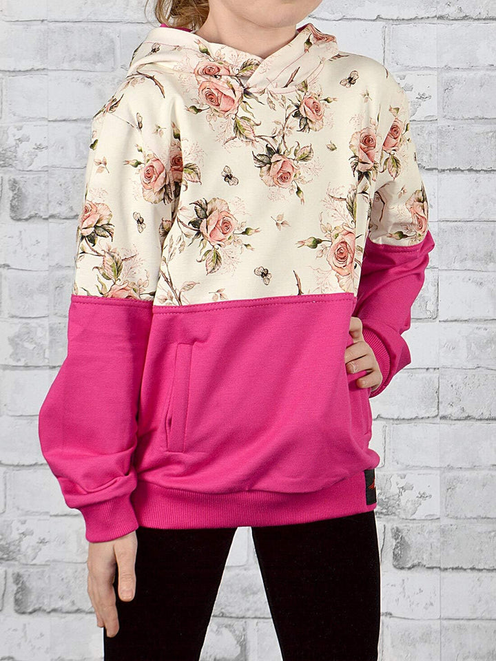 KMISSO Mädchen Hoodie mit Rosenmuster Kapuzenpullover Kinder Sweater Blumen Floral – Zweifarbig, Bau