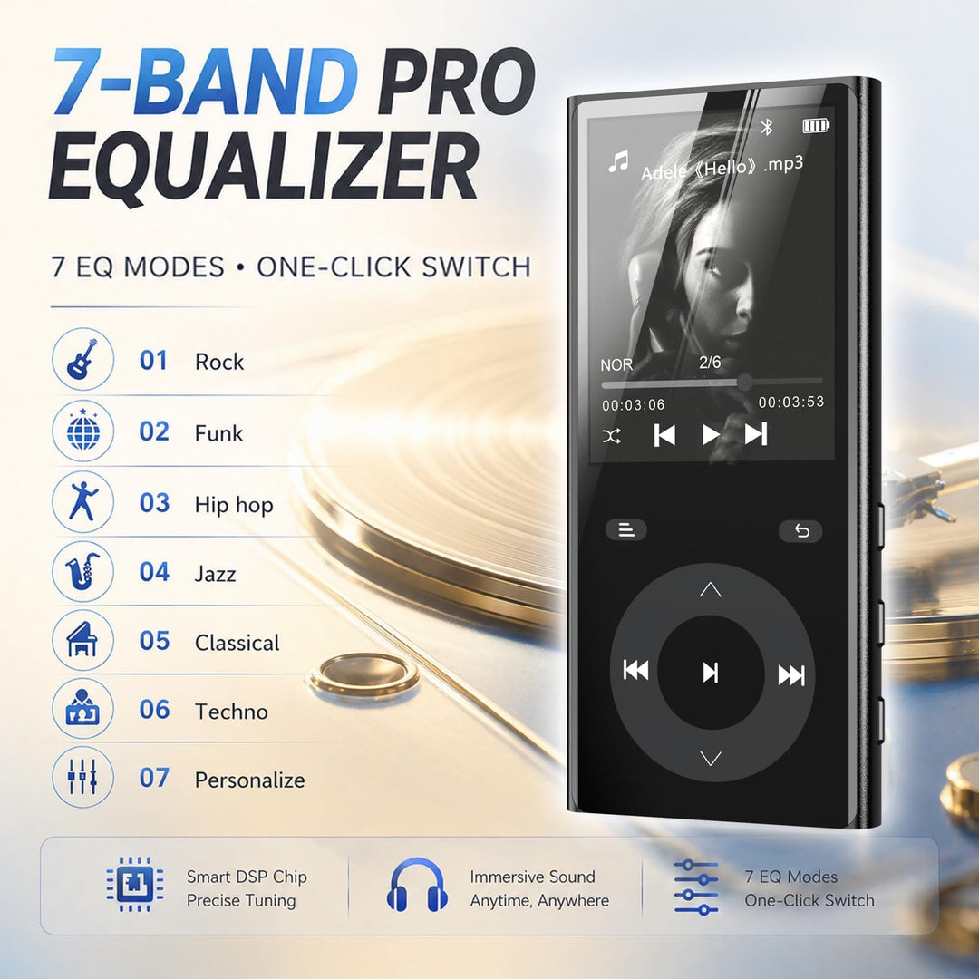 90GB MP3 Player Bluetooth 5.3, Musik Player 2 TF-Kartensteckplätzen, 2,4" Farbbildschirm, Touch-Tast