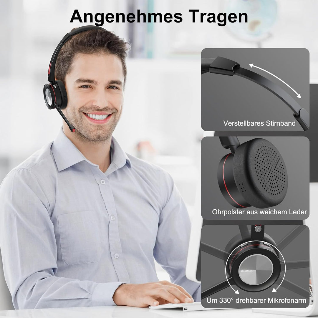 Beebang Bluetooth Headset mit Mikrofon für PC, Wireless Headset mit USB Adapter & Ladestation, 40 St