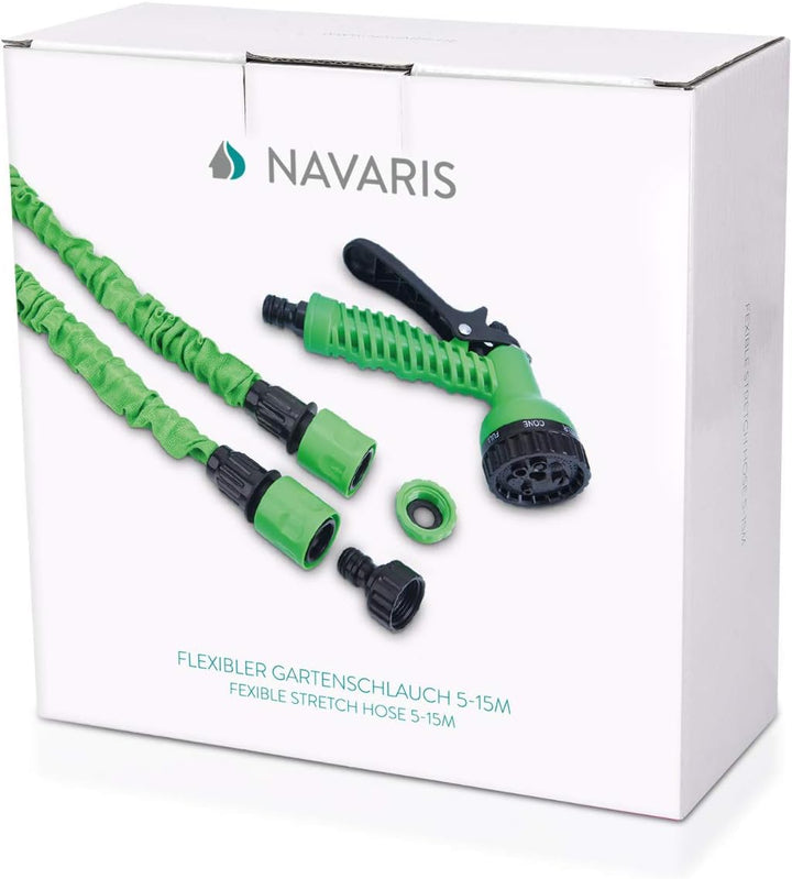 Navaris Flexibler Gartenschlauch 5-15m - mit 7 Funktionen Brause und Schnelladaptern - Wasserschlauc