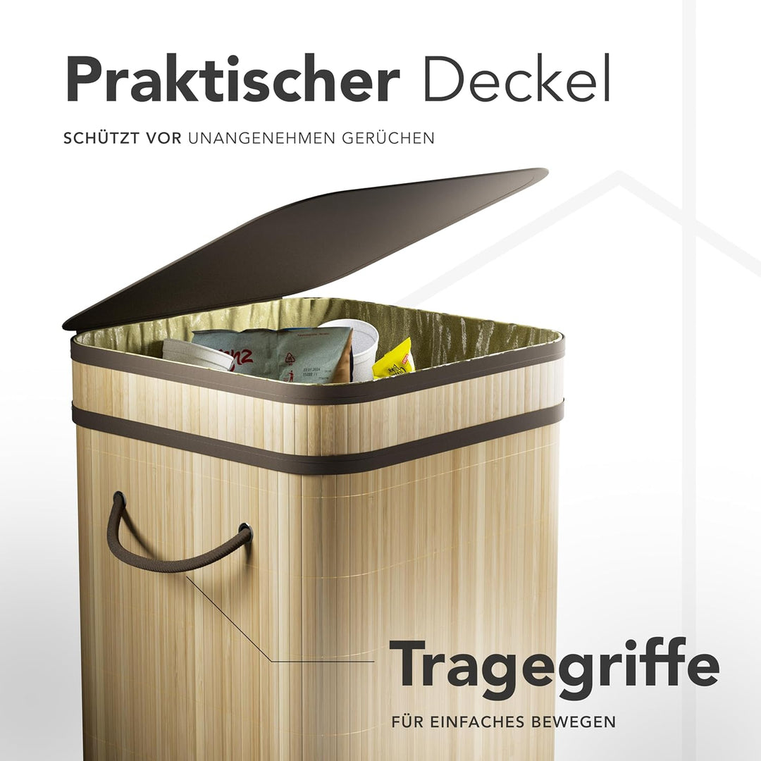 NewHabitat Gelber Sack Ständer aus Bambus I 80L Gelber Sack Behälter mit geruchsdichtem Deckel I Sta