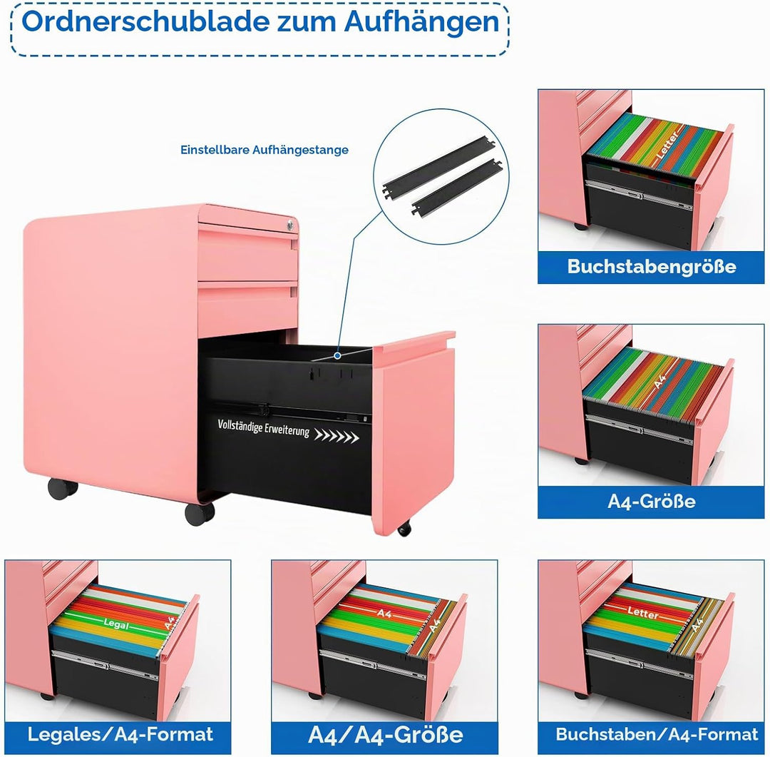 Dripex Metall Rollcontainer Stahl Rollcontainer mit 3 Schubladen oder 2 Schubladen, Abschliessbarer
