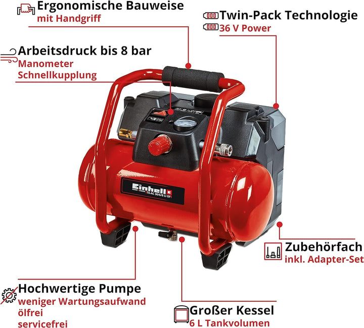 Einhell Akku-Kompressor TE-AC 36/6/8 Li OF Set Power X-Change (36 V, max. 8 bar, 6 l-Tank, 130 l/min