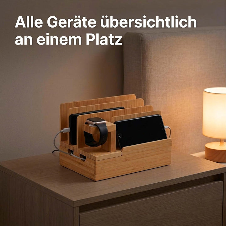 Relaxdays Ladestation, für Apple Watch, Bambus, HxBxT 15 x 21,5 x 15 cm, Handystation, Tablethalter,