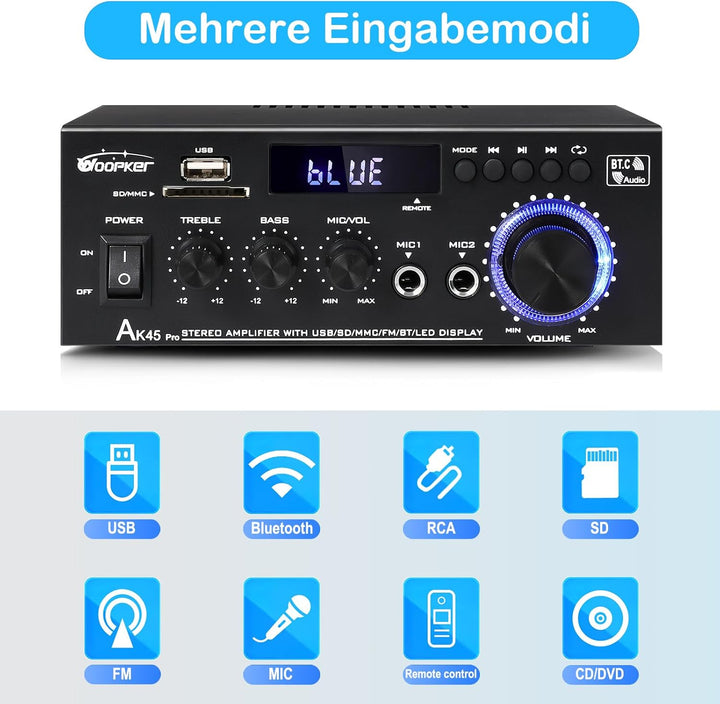 AK45 Pro HiFi-Verstärker WOOPKER Mini Verstärker, 500W,2 Kanäle Bluetooth Verstärker HiFi Stereo w/U