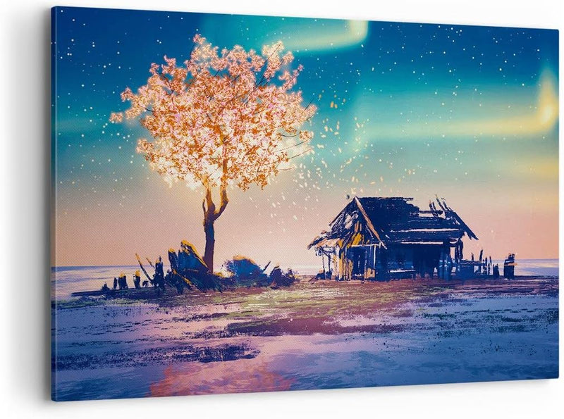 ARTTOR Bilder auf Leinwand 100x70cm Leinwandbild Baum Haus Nacht Sterne Gross Wanddeko Bild Schlafzi