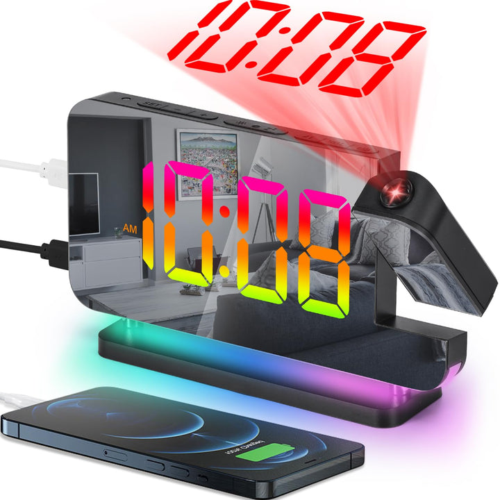 SZELAM Projektionswecker, 7.4 Zoll Digitale Spiegeluhren, mit 180° drehbarem Projektor, RGB-Nachtlic