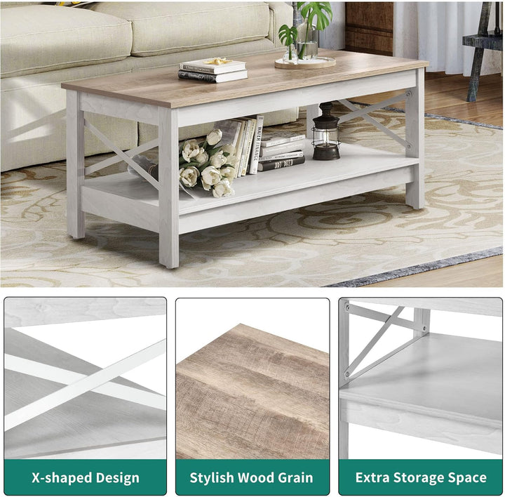 YITAHOME Couchtisch, Wohnzimmertisch, 2-stöckiger Dicker Holz Rechteckiger Couchtisch, X-Form Metal