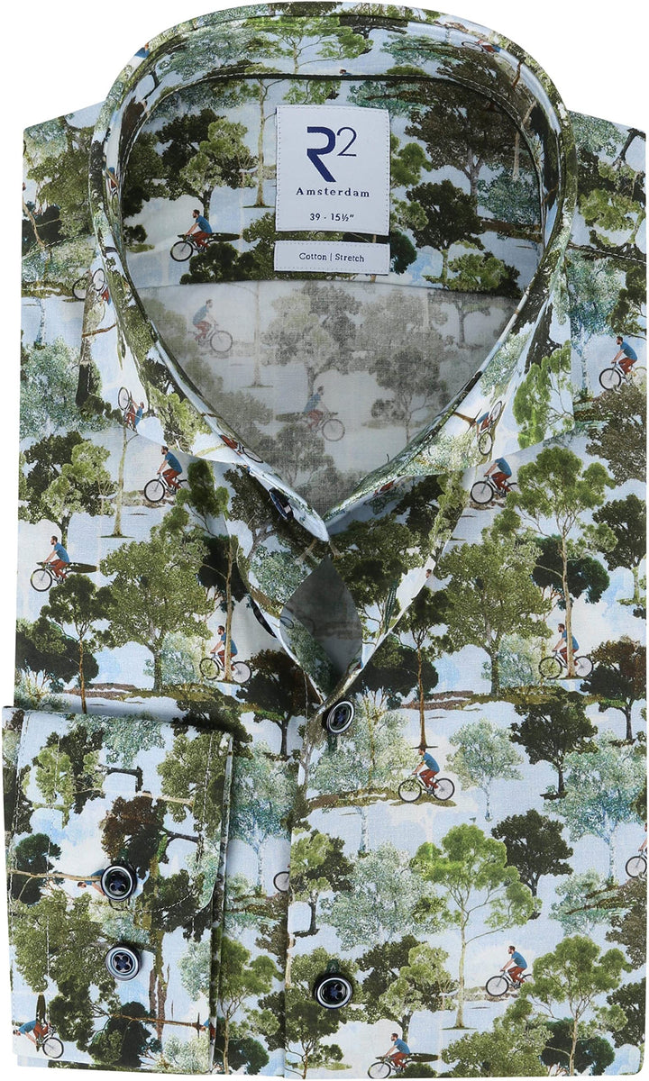 R2 Amsterdam Herren Business Hemd Langarm mit Landschafts-Alloverprint, Multicolour