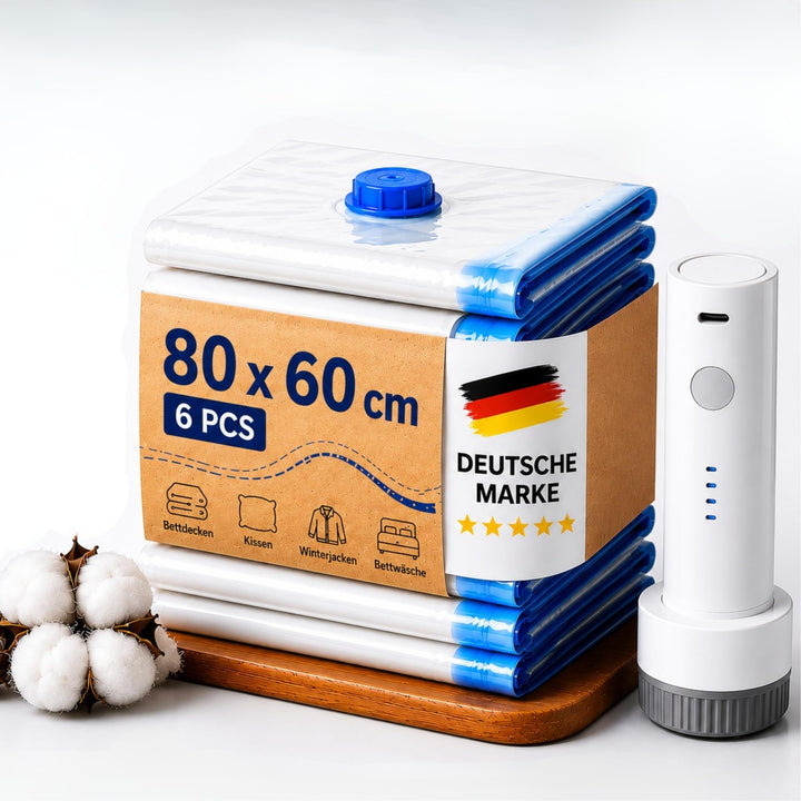 Vakuumbeutel mit Pumpe – 6er Set XXL 100x80 cm, elektrische Vakuumpumpe für Kleidung & Bettdecken |