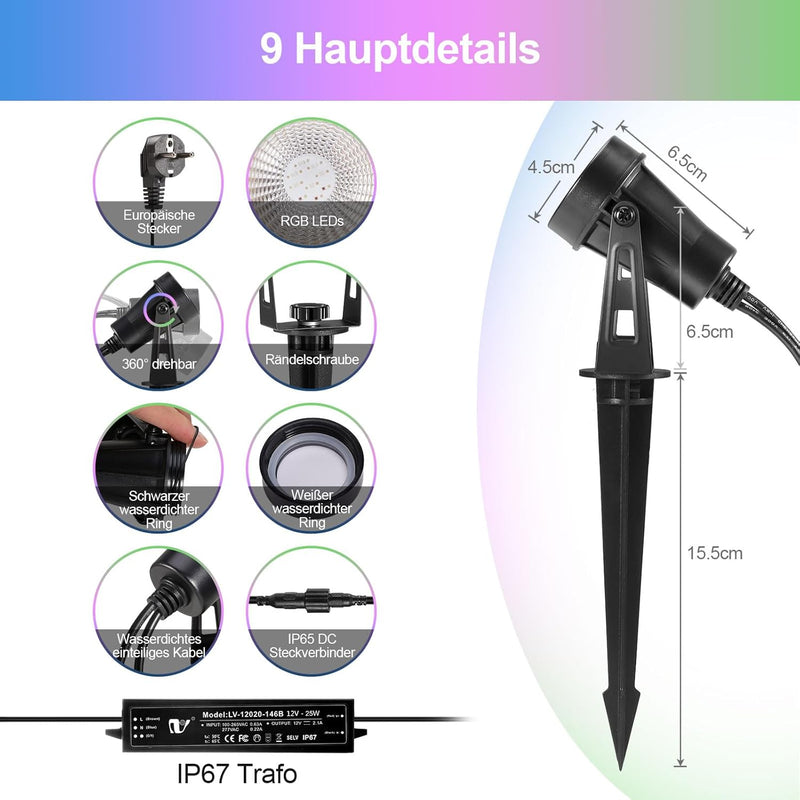 Greenclick Gartenbeleuchtung LED 15m 4er RGB Gartenstrahler mit Strom Erdspiess 12V 3W 1200lm Farbig