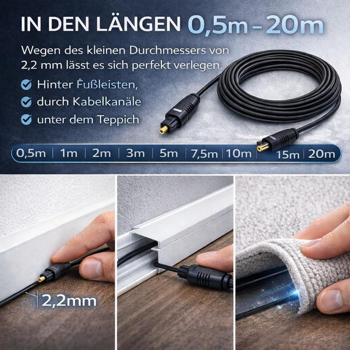 PerfectHD Hochwertiges schwarzes Toslink-Kabel – 2,2mm Durchmesser – Optisches Digitalkabel für TV,