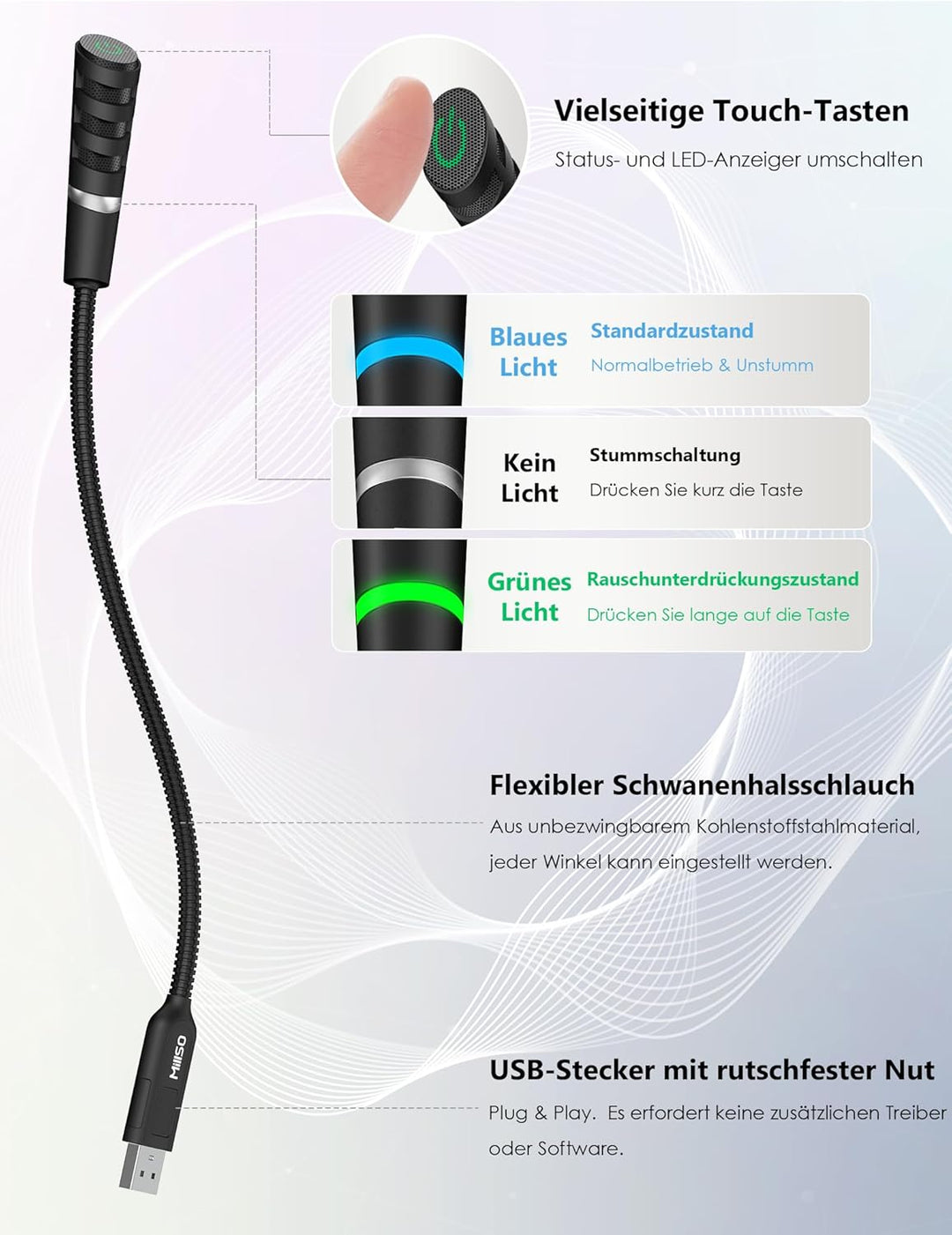 MillSO USB Computer Mikrofon mit Schwanenhalsdesign, Vielseitige Touch-Tasten und LED Anzeiger für P