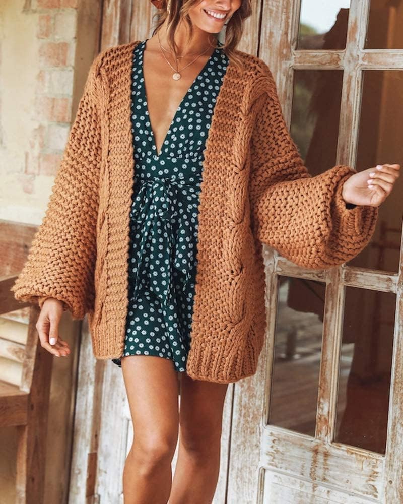Cicy Bell Damen Strickjacken Cardigan Lose Laternenärmel Elegante Übergrosse Pullover M Khaki, M Kha