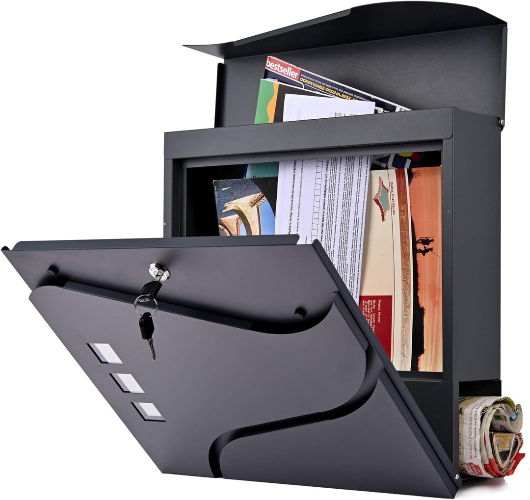 VERDA Briefkasten mit Zeitungsfach und 3 Sichtfenster, 2X Schlüssel, Postkasten Designer Wandbriefka