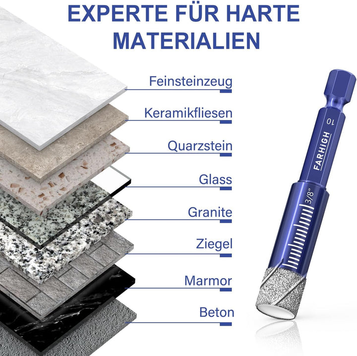 Diamantbohrer Fliesenbohrer Glasbohrer Set 6 tlg. 6, 8, 10, 12mm & 6mm Wolframstahl-Legierungsbohrer