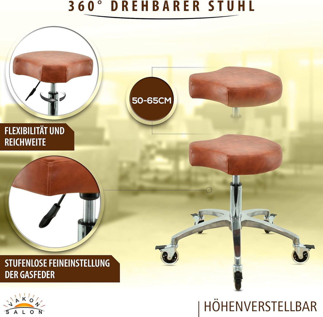 Ergonomischer Rollhocker in Hellbraun - Premium Rollen mit Bremse - Höhenverstellbarer von 50-65 cm