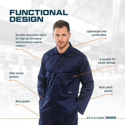 Portwest S999 Herren Euro-Arbeitskleidung Polycotton Overall Arbeitsanzug Blau Navy XS, Blau Navy XS