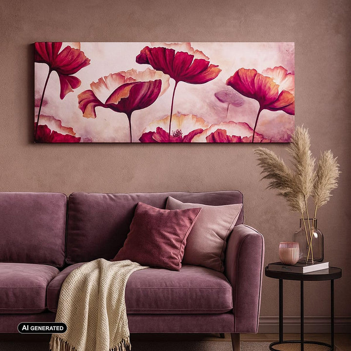 Wandbilder Dekoration Wohnzimmer Mohn Blume Wiese Panorama Bilder auf Leinwand 120x50cm Leinwandbild