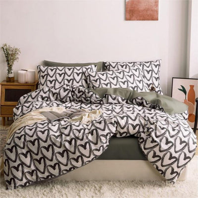 Freyamy Bettwäsche 135x200cm 2teilig Schwarz Weiss Herz Bettwaren-Sets Gebürstet Microfaser Weiche W