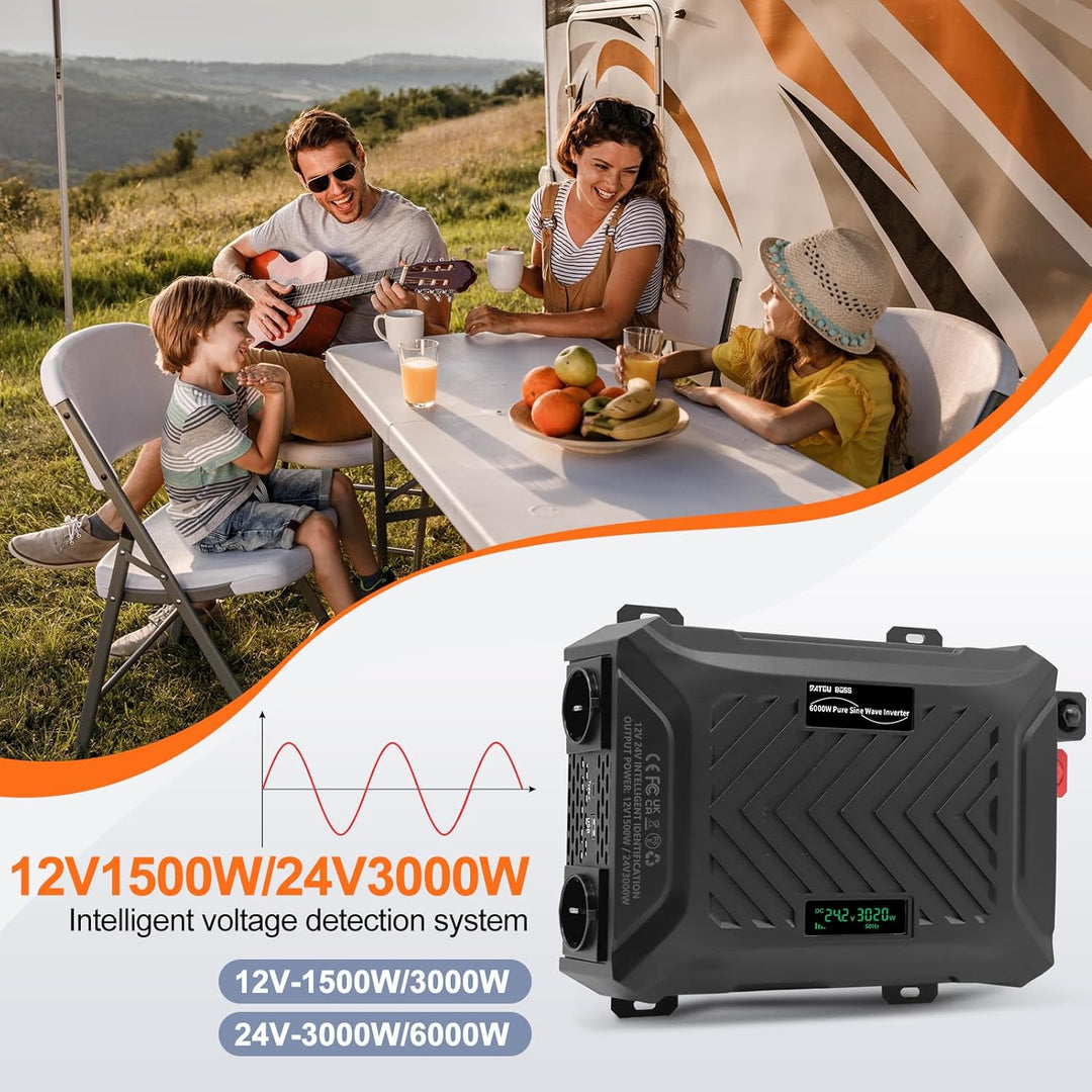 DATOUBOSS Wechselrichter 24V auf 230V 3000W/6000W, Spannungswandler 24V 3000W Reiner Sinus mit LCD-A