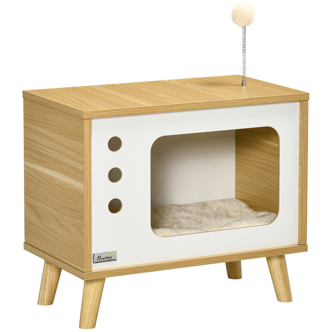 PawHut Katzenhaus, Katzenkiste TV-förmige mit Spielball, Kratzmatte Indoor Katzenhütte Katzenschrank