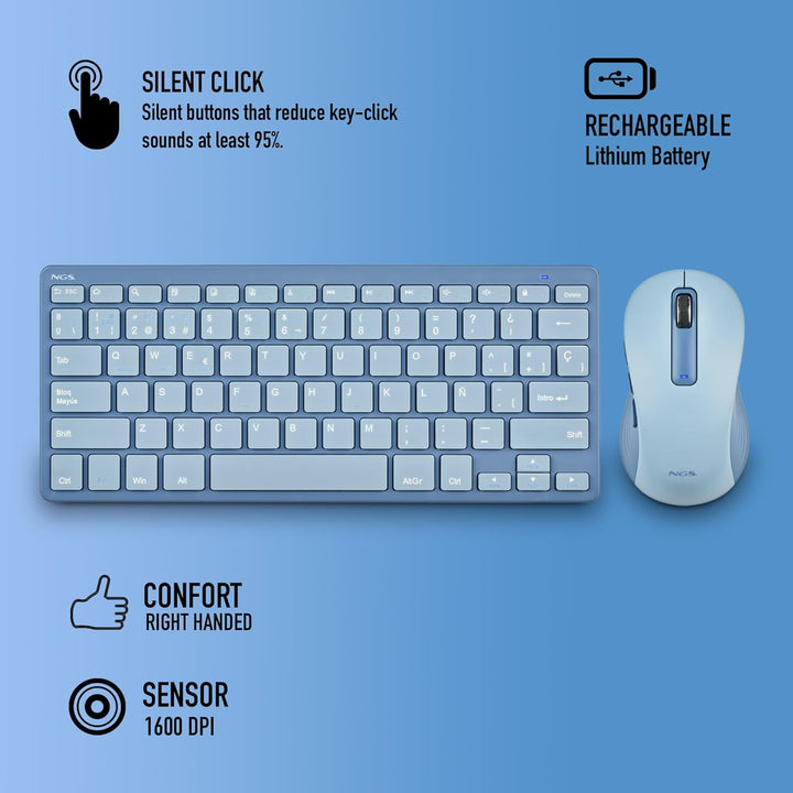 NGS Fantasy Kit Blau – Kabellose Tastatur und Maus QWERTY Spanisch, wiederaufladbarer Lautlos, Multi