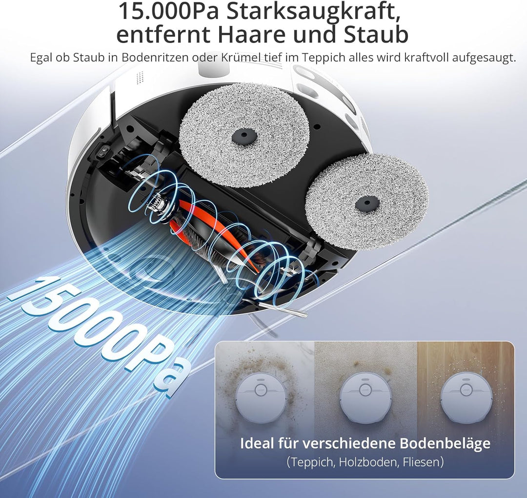 JONR T5 PRO GEN2 Saugroboter mit Wischfunktion, 15000Pa Saugkraft - Weiss | 75℃ Heisslufttrocknung,