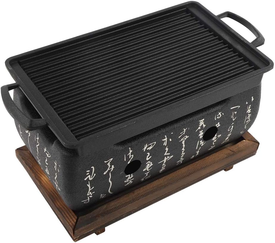 Japanischer BBQ Grill Mini Holzkohle Tischgrill mit Backblech Drahtgitter und Holzbasis, 24 x 12,5 x