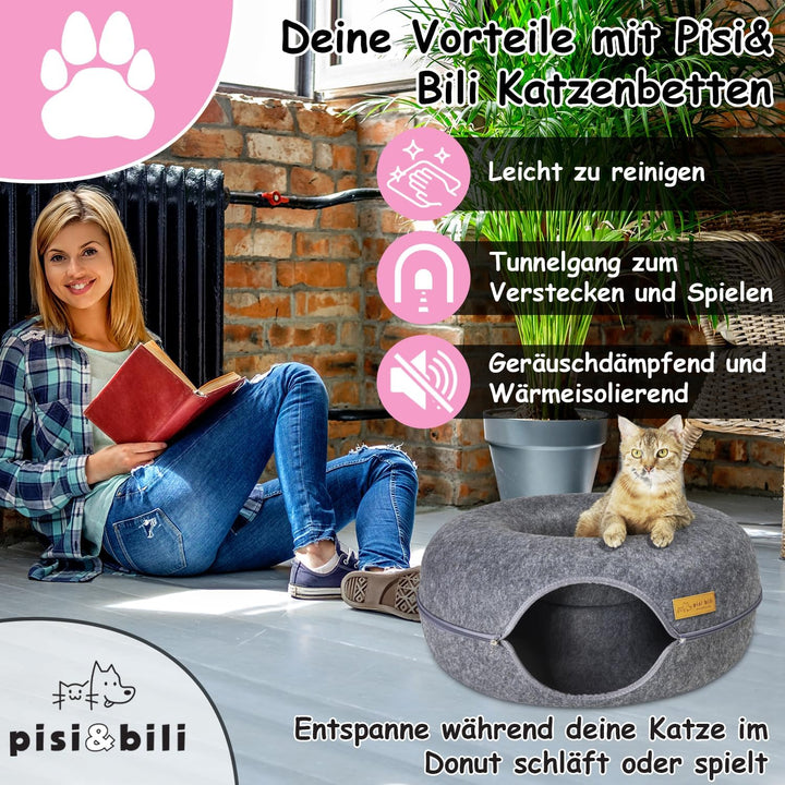 Katzentunnel aus Filz, Katzenbett rund 60x28 Katzenhöhle Tunnel Katzenhöle Anthrazit Katzendonut Kat