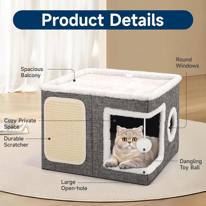 Faltbares Katzenhaus Indoor grosse Katzen, 43L x 43B x 32H cm Grosse Katzenhöhle mit Kratzbrett und