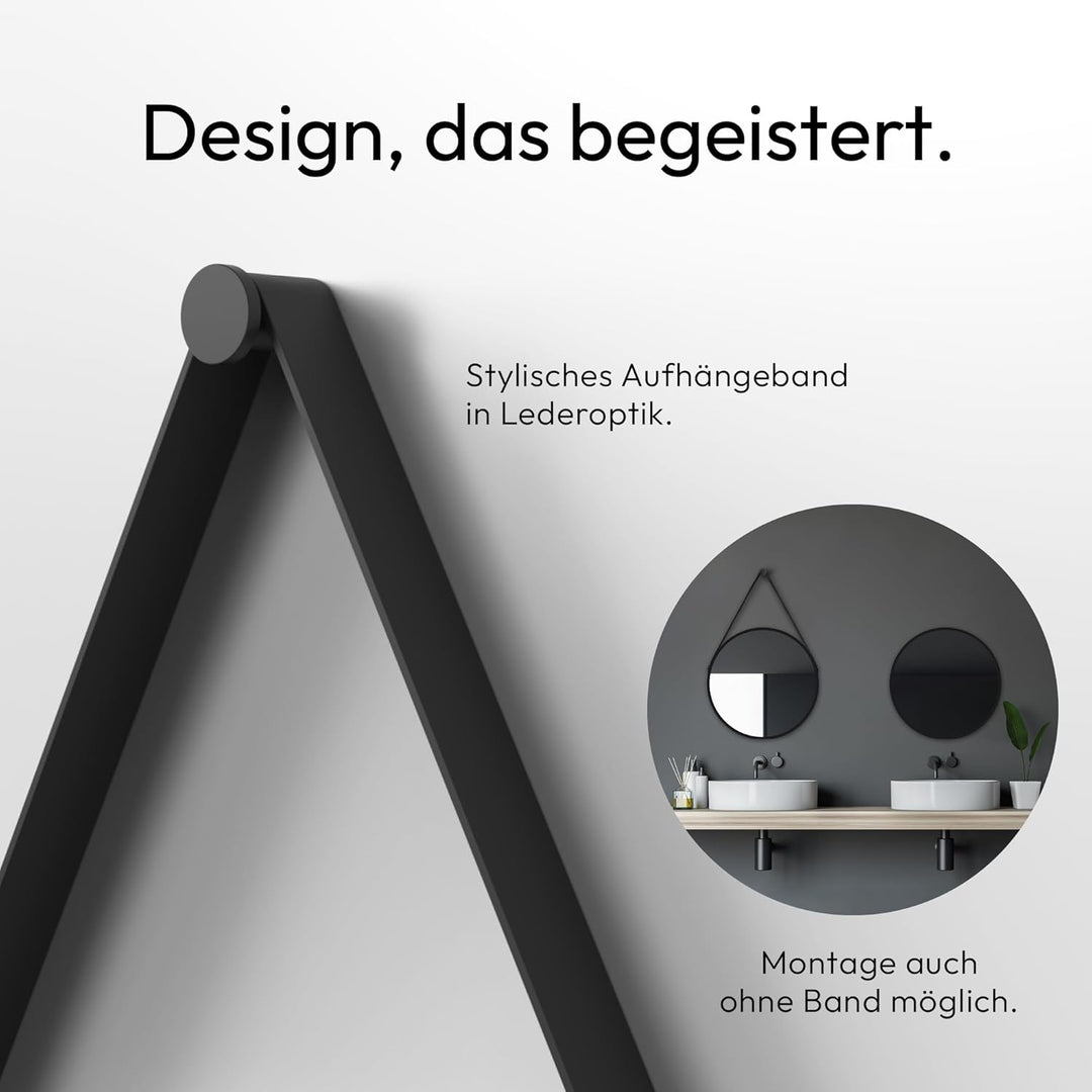 Talos Aufhängegurt in Lederoptik-Spiegel rund mit hochwertigen Aluminiumrahmen, schwarz matt, Ø 50 c