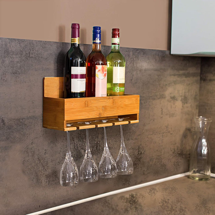 Relaxdays Weinregal mit Glashalter H x B x T: ca. 17 x 37 x 11,5 cm Flaschenregal aus Bambus mit Pla