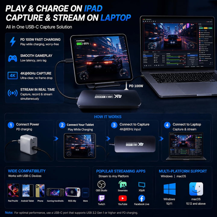 Guermok Capture Dock für Switch2, 4K60 HDMI &amp; USBC Video Capture Silber, Silber