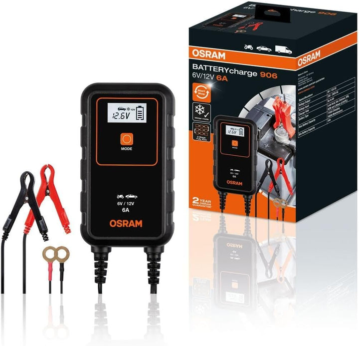 OSRAM BATTERYcharge 906, KFZ-Batteriewartungsgerät 12V, mobiles KFZ Batterieladegerät für PKW, Motor