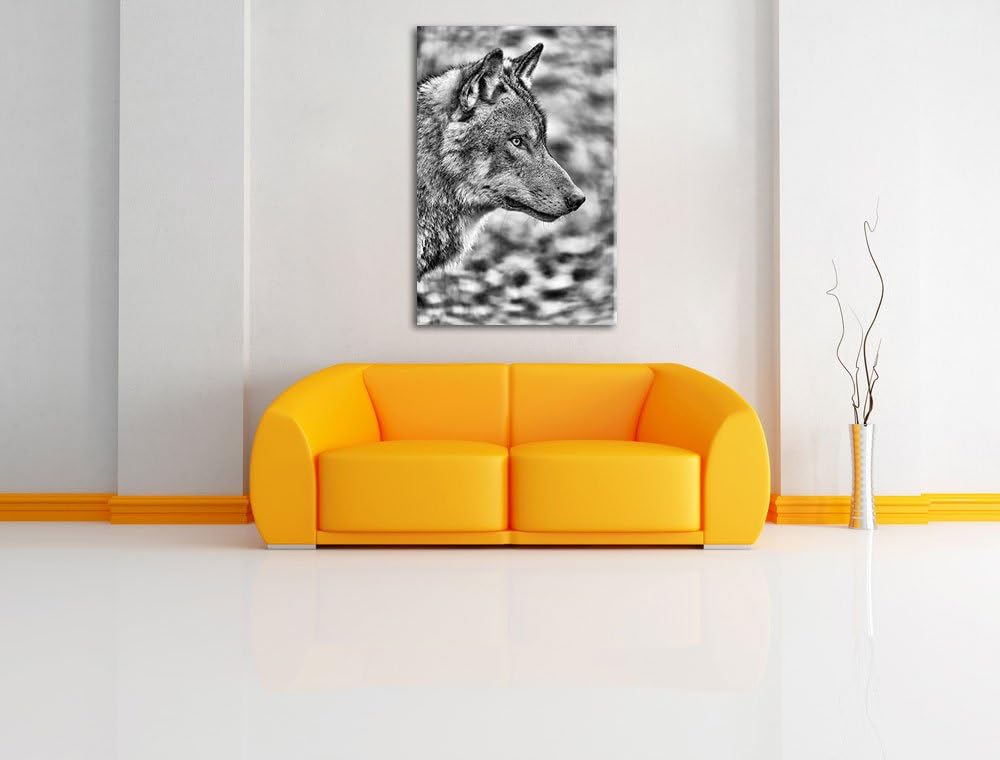 Monocrome, anmutiger Wolf, Format: 100x70 auf Leinwand, XXL riesige Bilder fertig gerahmt mit Keilra