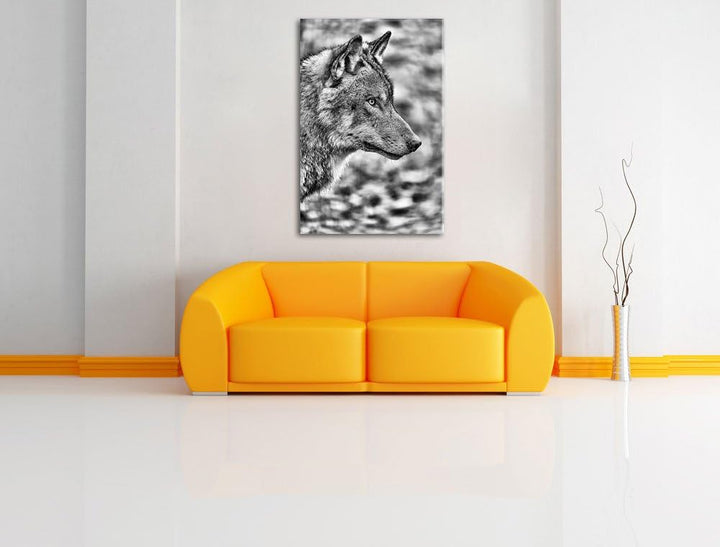 Monocrome, anmutiger Wolf, Format: 100x70 auf Leinwand, XXL riesige Bilder fertig gerahmt mit Keilra