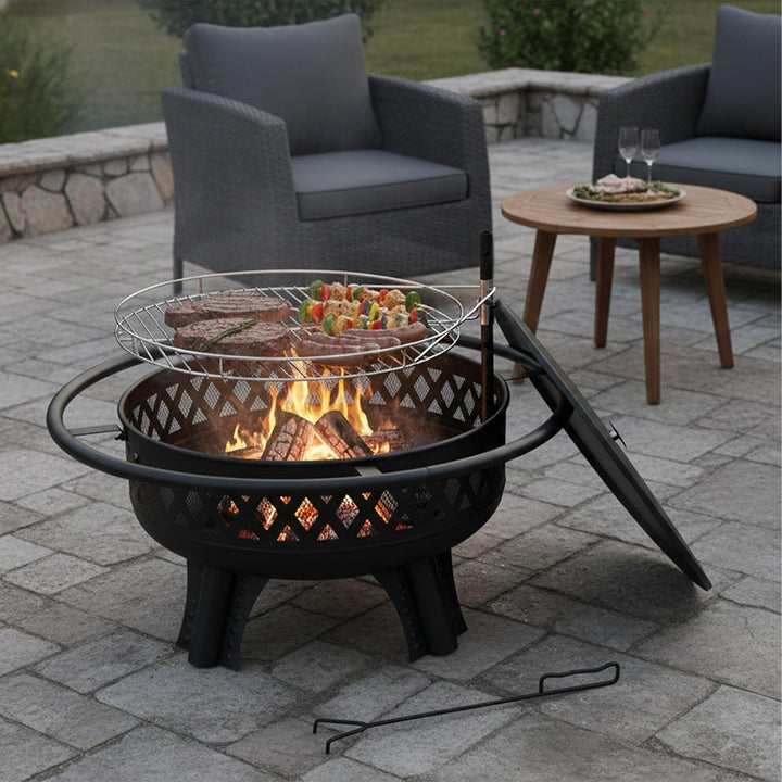 Relaxdays Feuerschale, Ø 80,5 cm, Verstellbarer Grillrost, Deckel & Schürhaken, Feuerstelle Garten,