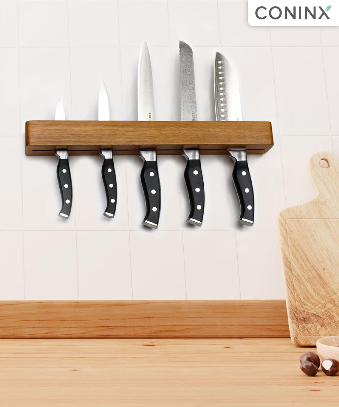 Coninx Magnetischer Messerhalter aus Akazienholz – 40 cm Messerleiste zur Wandmontage mit Schrauben
