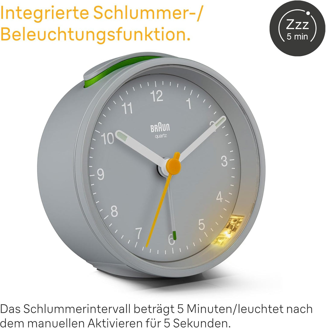Braun Klassischer analoger Wecker mit Schlummerfunktion und Beleuchtung, leisem Quarzwerk, anschwell