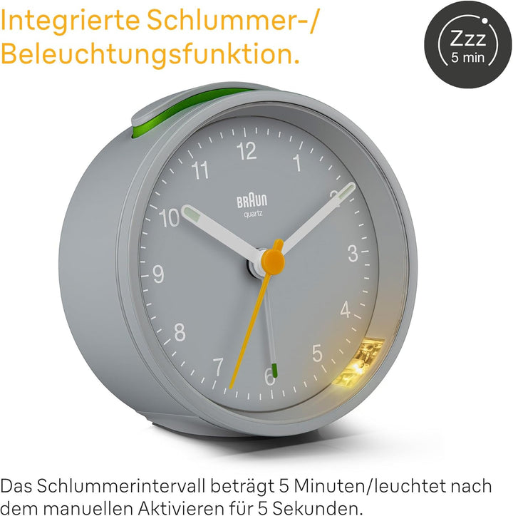 Braun Klassischer analoger Wecker mit Schlummerfunktion und Beleuchtung, leisem Quarzwerk, anschwell